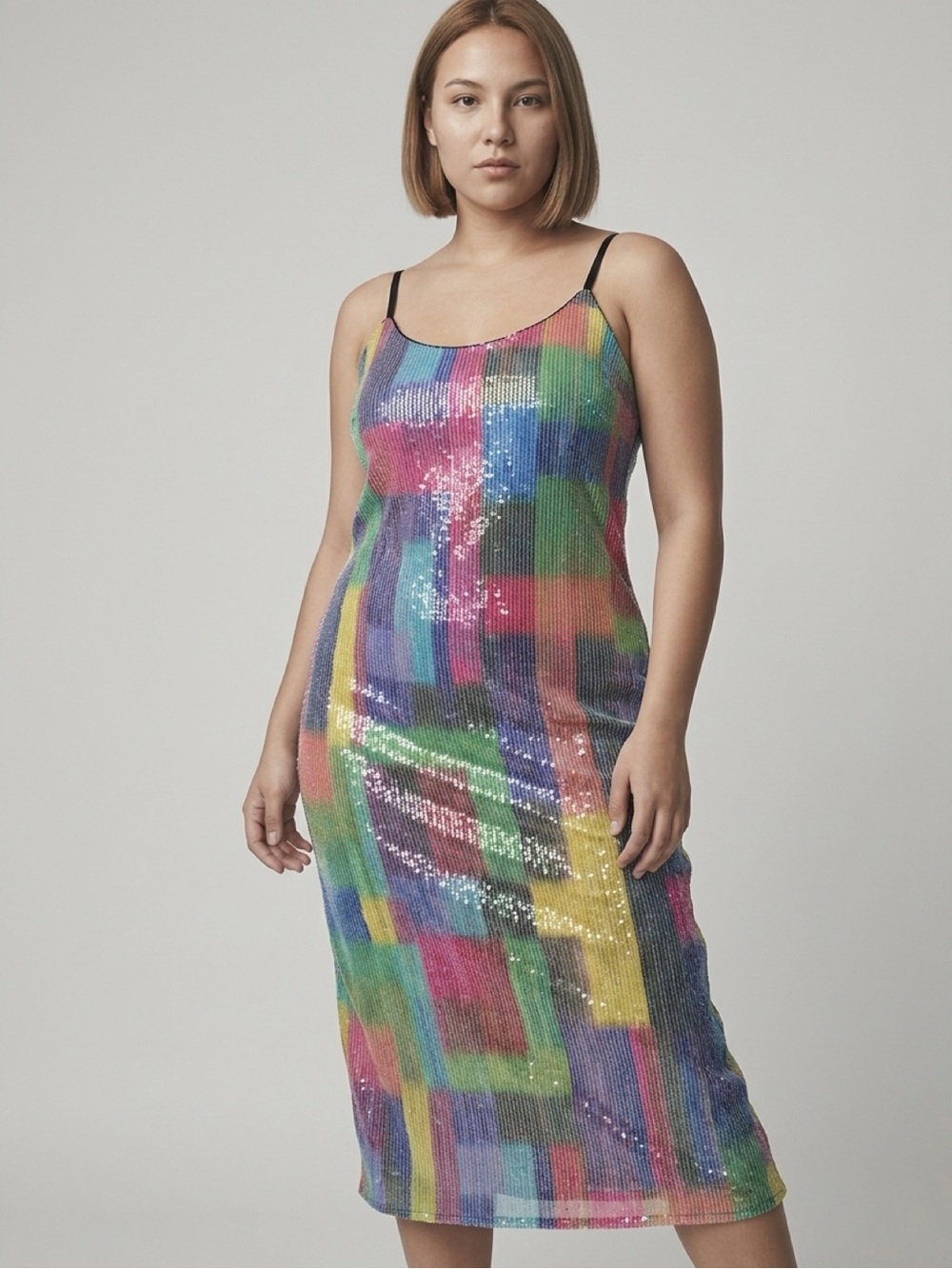 Eloquii Multicolor Sequin Midi Slip Dress with Black Straps